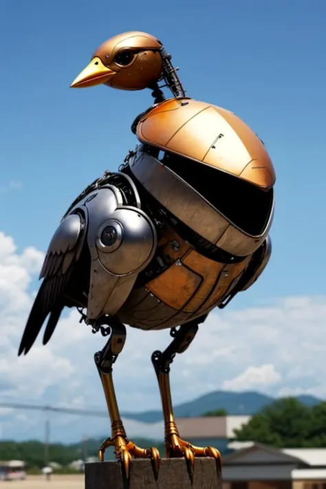 <lora:Animal_mecha-10:0.8>animal mecha, Bird, , a world where the laws of physics don't apply and everything is possible, stability, s-shape, sunny, bright sun, realistic, (metal surface)