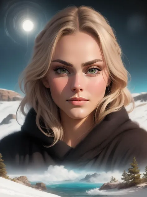 3/4 shot, portrait, AnnaSophia Robb, arctic tundra, snowy landscapes, frozen lakes, night, frosty, harsh, magical, digital art by jeff vandermeer,
extremely detailed face,