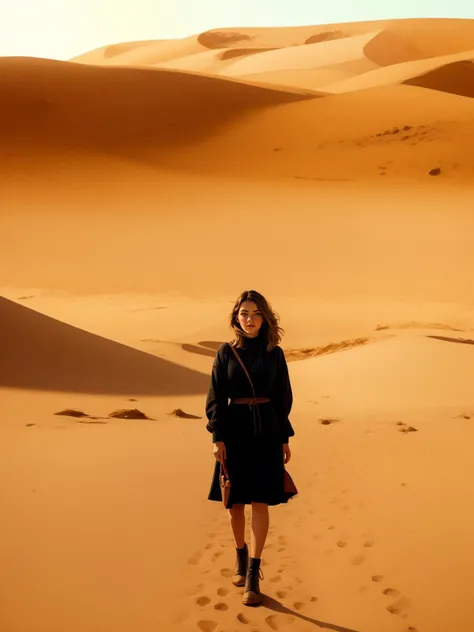 medium shot, portrait, Barbara Palvin, desert, oasis, sand dunes, evening, sunny, peaceful, arid, still directed by guillermo del toro
