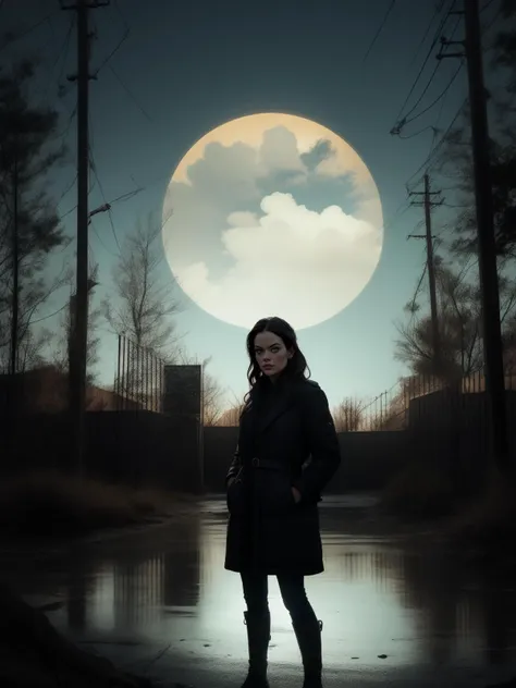 3/4 shot, portrait, Jaimie Alexander, moonlit swamp,clear sky with a crescent moon, eerie atmosphere, twisted trees, spooky feeling, movie still directed by the coen brothers