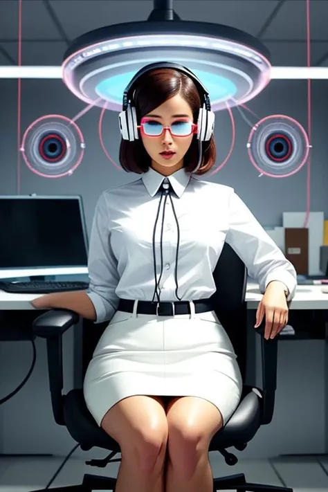 (office woman) in (brainwashing chair), (white office blouse with covered nipples and latex pencil skirt:1), (@_@), (Brainwashing), (Mind Control), (Mind control Headset), collar, Mind Control, Hypnosis, Mind Control Visor, brainwashing machine, entranced, hanging mouth, (sitting in brainwashing chair),