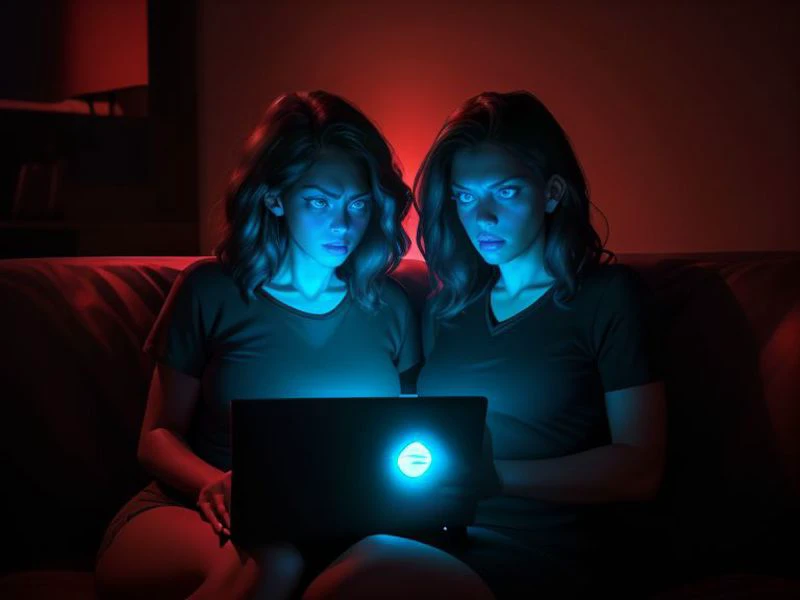 2 women, 4k, UHD, absurdres, StareWare,
 women looking at screen, laptop computer  , sitting on sofa,  dark room, lit by screen, hypnotized,
 <lora:StareWare:0.7>