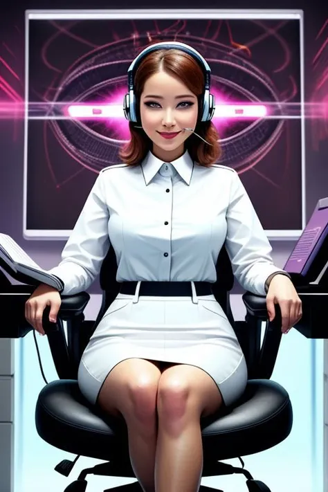 (office woman) in (brainwashing chair), (white office blouse with covered nipples and latex pencil skirt:1), (@_@), (Brainwashing), (Mind Control), (Mind control Headset), collar, Mind Control, Hypnosis, Mind Control Visor, brainwashing machine, entranced, creepy smile, (sitting in brainwashing chair),