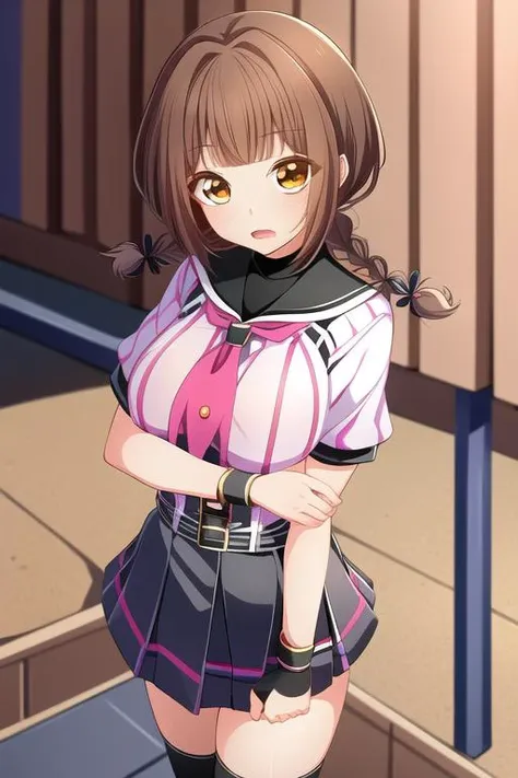 (1girl), masterpiece, best quality, absurdres, cute, extremely detailed face, perfect lighting, <lora:jojima_momo-000050:0.8>, jojima momo, brown hair, twin braids, standing, <lora:clothes-Hachinai_Uniform:0.6>, hachinai uniform