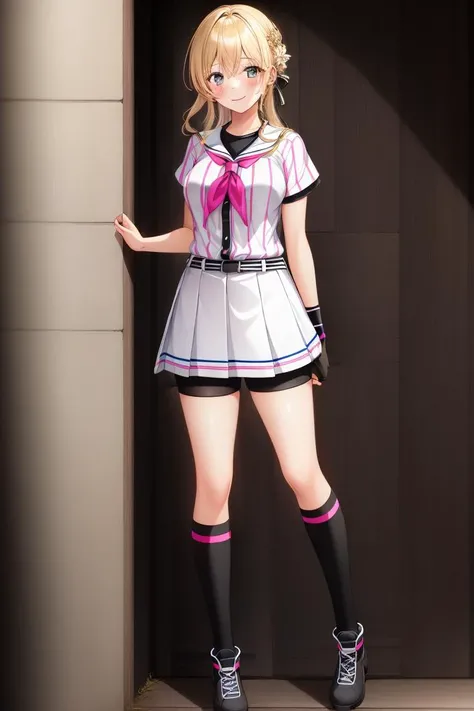 ((1girl)),blush,smile,hachinai uniform,baseball uniform,pleated skirt,outdoors,full body,high quality,high resolution,best quality,award winning,highly detailed,hyper extreme detailed BREAK blonde hair,blunt hair <lora:hachinai_uniformV3-000016:1>