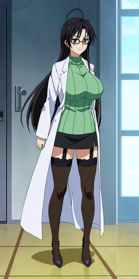 masterpiece, high quality, best quality, 1girl, solo, (muscular female:1.0), (super gigantic breasts:1.0), (closed mouth, half smile), hasegawa chisato, long hair, black hair, thighhighs, red framed glasses, green sweater, ahoge, garter straps, skirt, lab coat, anime screencap, anime key visual, (fully clothed:1.0), full body <lora:hasegawa chisato:0.80>