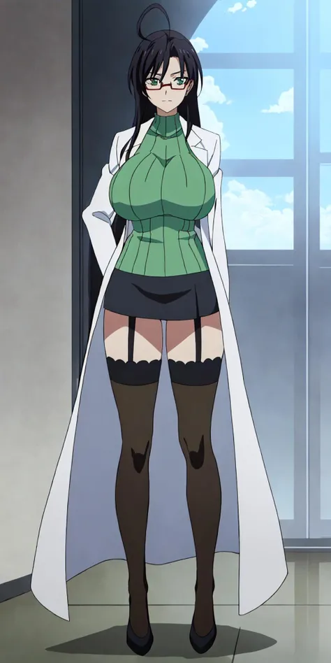 masterpiece, high quality, best quality, 1girl, solo, (muscular female:1.0), (super gigantic breasts:1.0), (closed mouth, half smile), hasegawa chisato, long hair, black hair, thighhighs, red framed glasses, green sweater, ahoge, garter straps, skirt, lab coat, anime screencap, anime key visual, (fully clothed:1.0), full body <lora:hasegawa chisato:0.80>