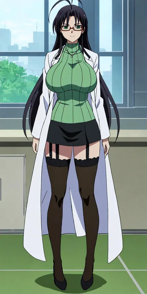 masterpiece, high quality, best quality, 1girl, solo, (muscular female:1.0), (super gigantic breasts:1.0), (closed mouth, half smile), hasegawa chisato, long hair, black hair, thighhighs, red framed glasses, green sweater, ahoge, garter straps, skirt, lab coat, anime screencap, anime key visual, (fully clothed:1.0), full body <lora:hasegawa chisato:0.80>