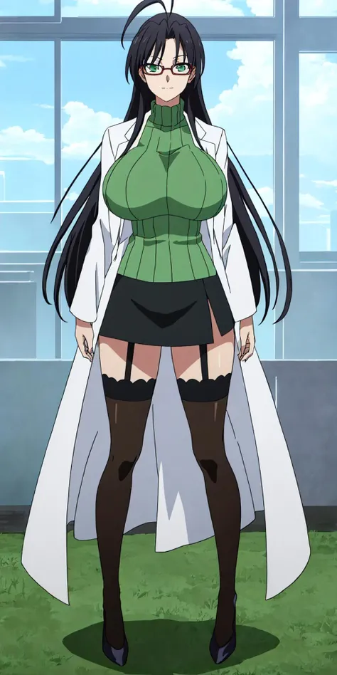 masterpiece, high quality, best quality, 1girl, solo, (muscular female:1.0), (super gigantic breasts:1.0), (closed mouth, half smile), hasegawa chisato, long hair, black hair, thighhighs, red framed glasses, green sweater, ahoge, garter straps, skirt, lab coat, anime screencap, anime key visual, (fully clothed:1.0), full body <lora:hasegawa chisato:0.80>