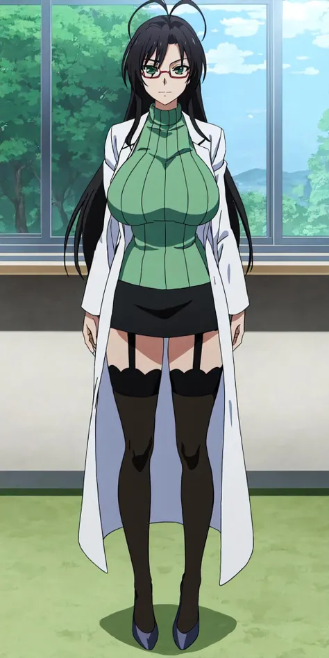 masterpiece, high quality, best quality, 1girl, solo, (muscular female:1.0), (super gigantic breasts:1.0), (closed mouth, half smile), hasegawa chisato, long hair, black hair, thighhighs, red framed glasses, green sweater, ahoge, garter straps, skirt, lab coat, anime screencap, anime key visual, (fully clothed:1.0), full body <lora:hasegawa chisato:0.80>