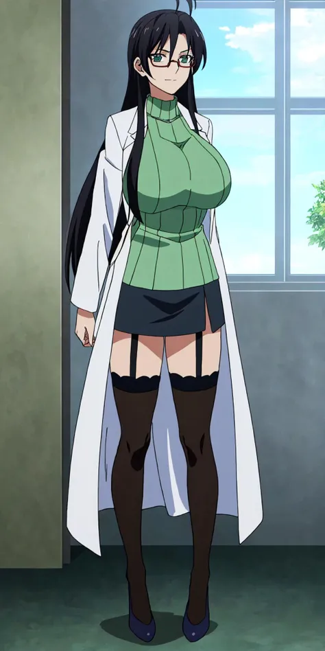 masterpiece, high quality, best quality, 1girl, solo, (muscular female:1.0), (super gigantic breasts:1.0), (closed mouth, half smile), hasegawa chisato, long hair, black hair, thighhighs, red framed glasses, green sweater, ahoge, garter straps, skirt, lab coat, anime screencap, anime key visual, (fully clothed:1.0), full body <lora:hasegawa chisato:0.80>