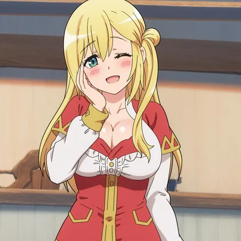 (cowboy shot:1.3).Enome,solo,looking at viewer,(blush:1.3),:d,one eye closed,head tilt,cleavage,hand on own face,sidelocks,upper body,