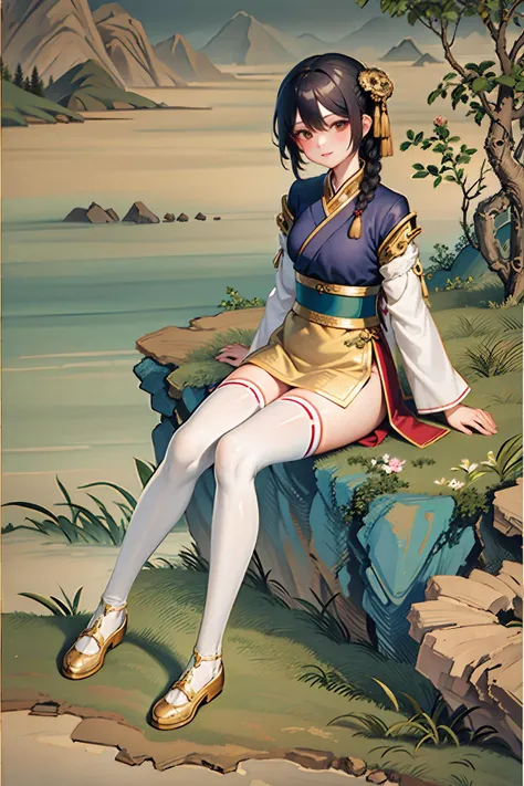 (masterpiece), (best quality), (ultra-detailed), <lora:Gongbi:0.9>, gongbi, 1girl, solo, braid, hanfu, flats, thighhighs, sitting on rock, plant, outdoors, mountain, scenery, seal