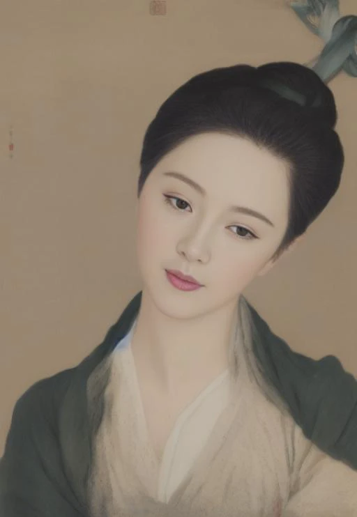 ((masterpiece:1.35)), (best quality), (highres), gongbi2, 1girl, solo, open clothe, small eyes, long face, large breast, black hair, (single hair bun:0.7), close-up portrait, no hands, looking at viewer, (flat color:1.5), <lora:fbb:1> <lora:gongbi2:1>