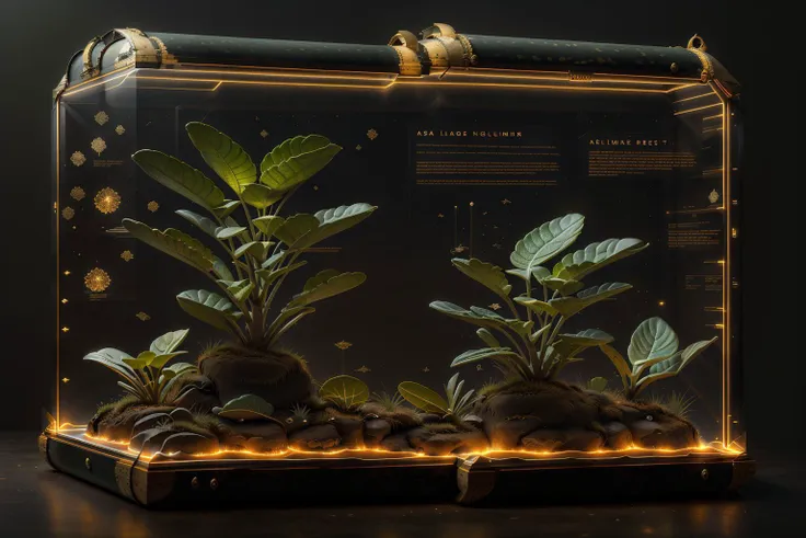 a bioluminescent jade plant,  <lora:quiron_KnollingCase_v1_lora:1> KnollingCaseQuiron style, KnollingCase, glass case, display case, no humans, scenery, still life, bottle, bowl, box, , black background, J_diagram <lora:J_diagram:1>