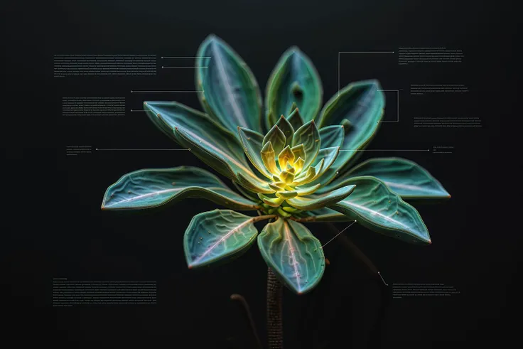 a bioluminescent succulent, black background, J_diagram <lora:J_diagram:1>