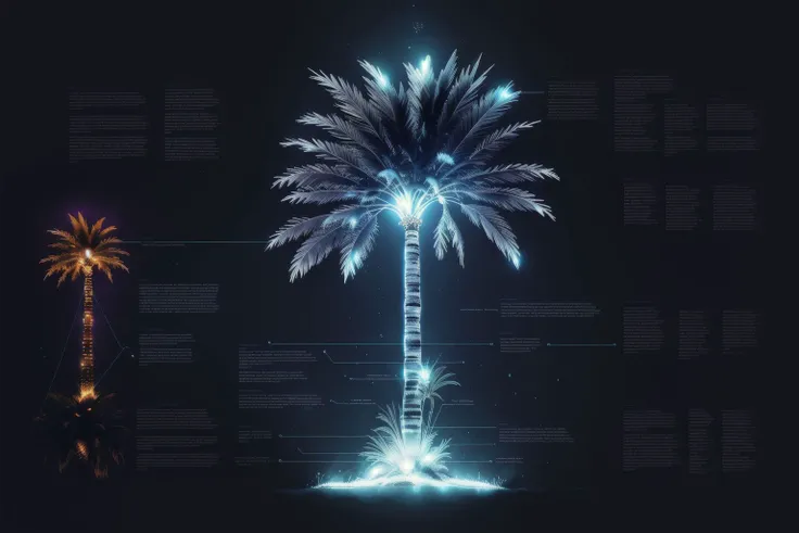 a bioluminescent (Palm tree), black background, J_diagram <lora:J_diagram:1>