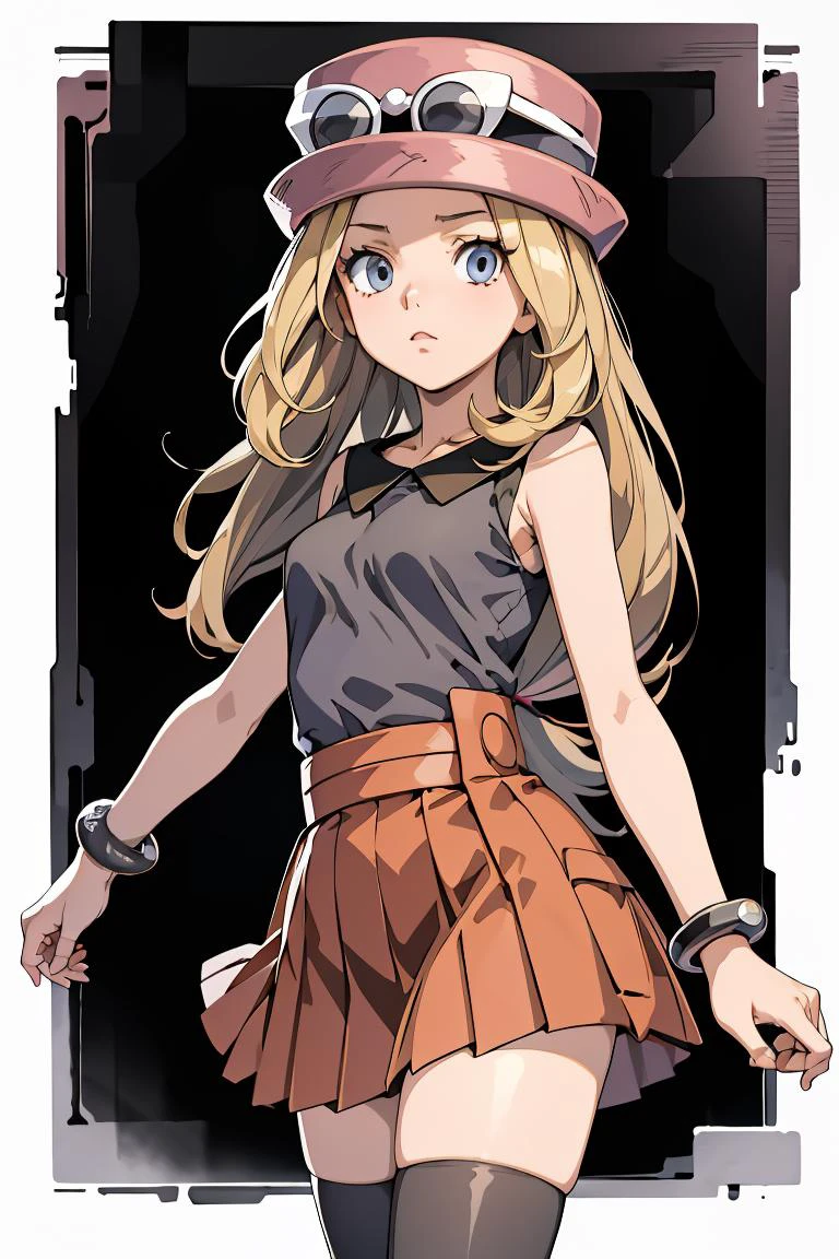(masterpiece, best quality), 1girl, <lora:serena:1> serena (pokemon),1girl,hat,sunglasses,long hair,blonde hair, blue eyes,bracelet,sleeveless shirt,black shirt,red skirt,pleated skirt,black thighhighs,