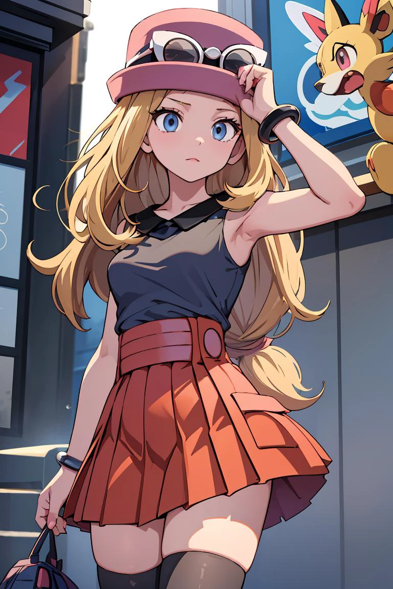 (masterpiece, best quality), 1girl, <lora:serena:1> serena (pokemon),1girl,hat,sunglasses,long hair,blonde hair, blue eyes,bracelet,sleeveless shirt,black shirt,red skirt,pleated skirt,black thighhighs,