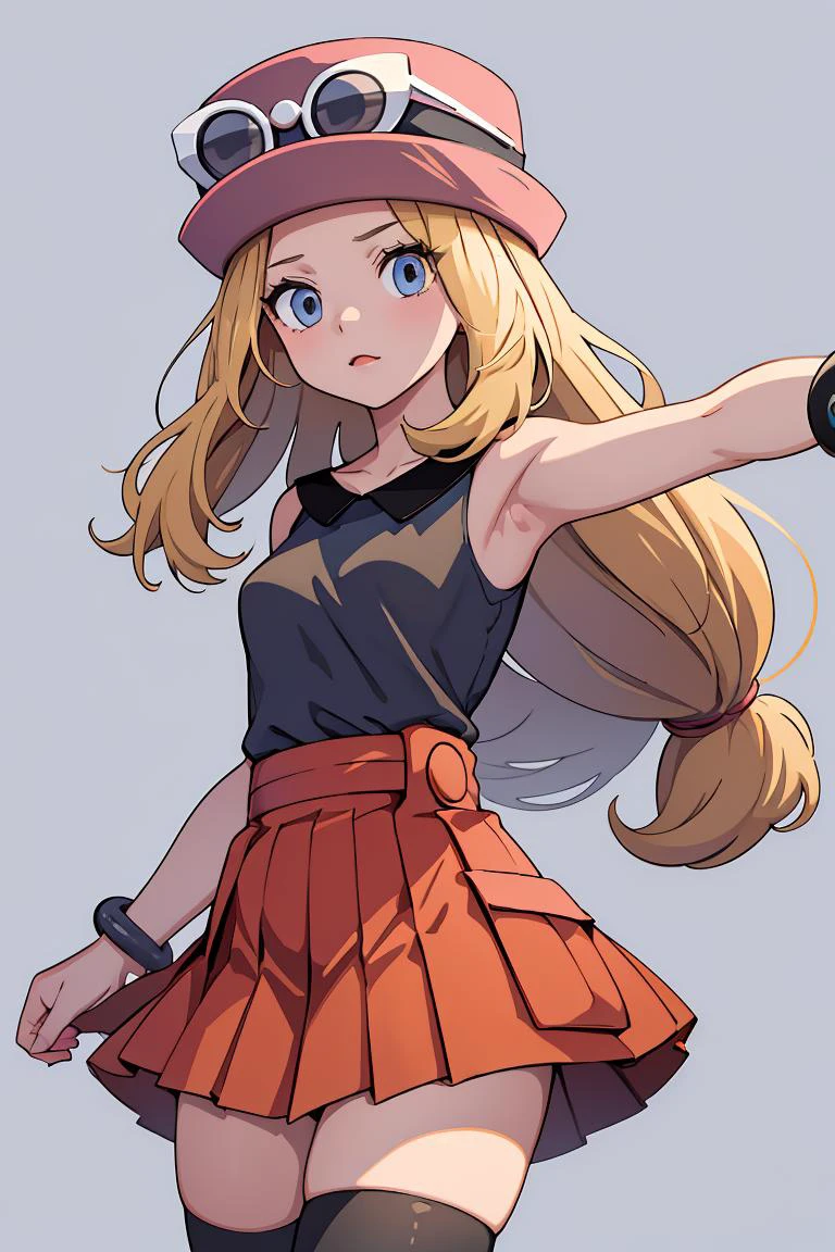 (masterpiece, best quality), 1girl, <lora:serena:1> serena (pokemon),1girl,hat,sunglasses,long hair,blonde hair, blue eyes,bracelet,sleeveless shirt,black shirt,red skirt,pleated skirt,black thighhighs,