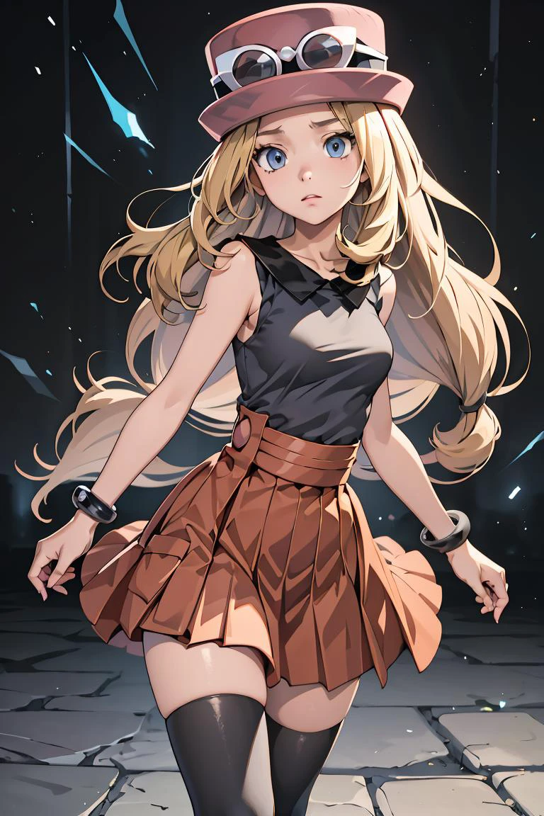 (masterpiece, best quality), 1girl, <lora:serena:1> serena (pokemon),1girl,hat,sunglasses,long hair,blonde hair, blue eyes,bracelet,sleeveless shirt,black shirt,red skirt,pleated skirt,black thighhighs,