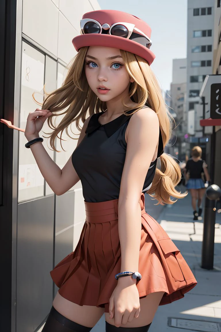 (masterpiece, best quality), 1girl, <lora:serena:1> serena (pokemon),1girl,hat,sunglasses,long hair,blonde hair, blue eyes,bracelet,sleeveless shirt,black shirt,red skirt,pleated skirt,black thighhighs,