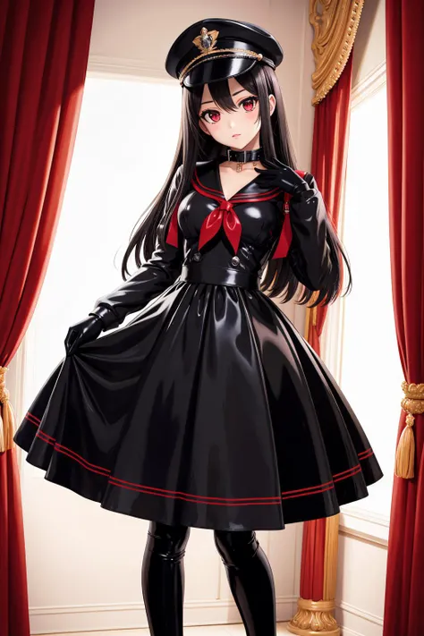 ((masterpiece:1.4, best quality))+, (ultra detailed, high quality)+, illustration, beautiful detailed girl, extremely detailed eyes and face, beautiful detailed nose, beautiful detailed eyes, perfect anatomy, soft light,
shiny sissy luxury latex dress for doll, latex, black latex serafuku, long sleeves, latex pleated skirt, ((long skirt)), long hair, straight hair, red eyes, black hair, thigh boots, black latex gloves, peaked cap, collar,
((full body)), indoors, standing