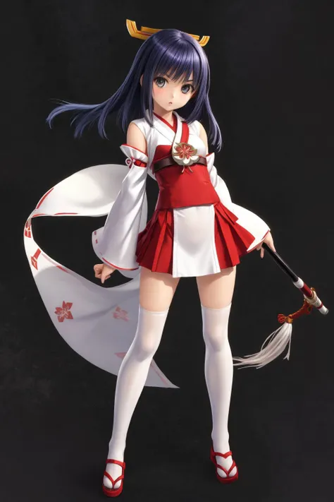 fullbody portrait, dynamic poses, (standing:1.2), (fighting stance battle scene:1.2), serious face, (textile shading silk white [japanese clothes:highleg leotard:0.3] miko:1.3), BREAK, (red highleg leotard with showgirl skirt:1.1), BREAK, (shortstack preteen:1.5), narrow waist, (thick thighs:1.1), (yumekawa Indigo hair hime cut), (kawaii babyface), parted lips, dlsite eroge game HCG, high resolution insane, ((game character illustration)), (simple black background:1.2), (raytracing, HDR, global illumination), <lora:flat2:-0.5>, <lora:hairdetailer:0.4>