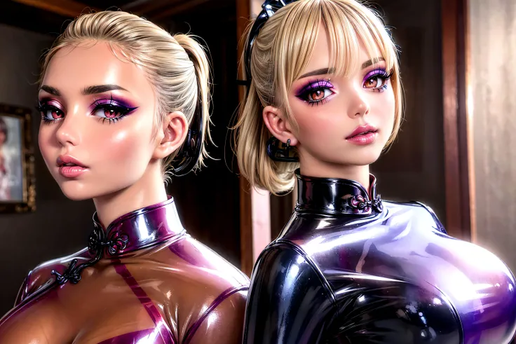 (2girls:1.3), huge breasts, (stunning, (stunning makeup:1.5), huge lips, lipgloss, fFaceDetail, big hair, ponytail, wearing ((latex),(transparent:1.2),china2:1.3), Leaning against a marble statue in a museum, she becomes a living piece of art, captivating all who pass by, (tanned skin, detailed hair, smooth skin, oiled skin, shiny skin, young:1.4), (8k, best quality, realistic, intricate details, ultra high res, photorealistic, masterpiece, extremely detailed, cinematic light, Unreal Engine:1.10), SkinHairDetail, <lora:flat2:-1>, SkinDetail, EyeDetail, <lora:BimboMakeup_v1:0.5>, <lora:china2:0.8>
