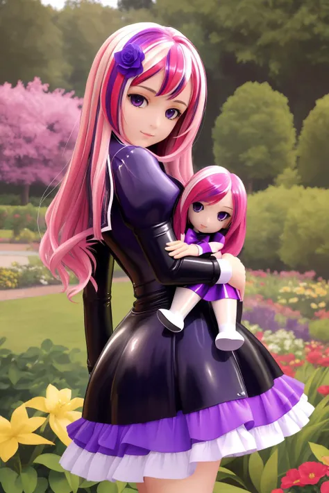 flower \(v3\), long hair, <lora:vocaloid_flower-10:0.5> , shiny sissy luxury latex dress for doll, subtle ambient glow, global illumination, (highly detailed skin), (petite:1.4), streaked hair, purple eyes, teen, slim, garden, gorgeous, outside, (midday), (realistic face), fashion, artistic