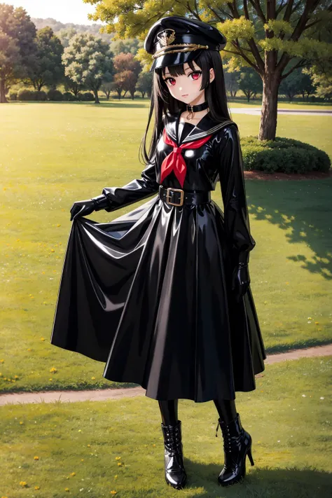 absurdres, masterpiece, best quality, ultra detailed, high quality, illustration, beautiful detailed girl, extremely detailed eyes and face, beautiful detailed nose, beautiful detailed eyes, perfect anatomy, soft light,
shiny sissy luxury latex dress for doll, latex, latex black serafuku, black sailor collar, long sleeves, (((latex long skirt))), latex pleated skirt, long hair, straight hair, red eyes, black hair, high heel boots, black pantyhose, black latex gloves, peaked cap, collar, belt
((full body)), outdoors, grass, tree, park, standing, sunlight