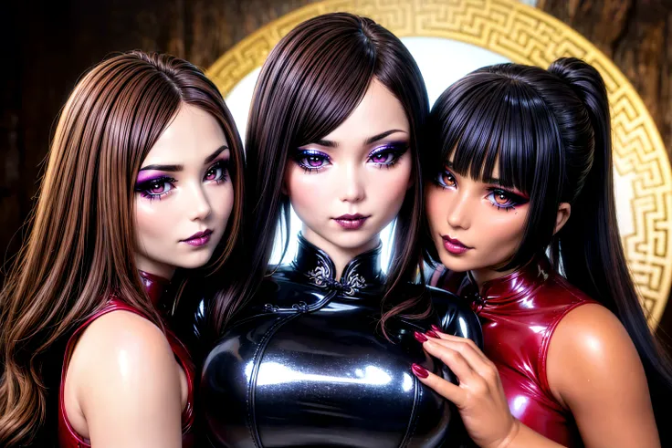 (3girls:1.3), huge breasts, (stunning, (stunning goth makeup:1.5), huge lips, lipgloss, fFaceDetail, big hair, ponytail, wearing ((latex),china2:1.3), Marine Life architecture Crystal Caves Hiker,Celestial Orbits, (tanned skin, detailed hair, smooth skin, oiled skin, shiny skin, young:1.4), (8k, best quality, realistic, intricate details, ultra high res, photorealistic, masterpiece, extremely detailed, cinematic light, Unreal Engine:1.10), SkinHairDetail, <lora:flat2:-1>, SkinDetail, EyeDetail, <lora:china2:0.8>