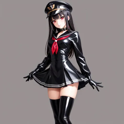 ((masterpiece:1.4, best quality))+, (ultra detailed, high quality)+, illustration, red eyes, black thighhighs, black legwear, long hair, black hair, straight hair, thigh boots, high heel boots, boots, ((latex:2, shiny sissy luxury latex dress for doll)), ((black serafuku, latex serafuku)), (latex gloves, latex legwear, latex boots, latex skirt), breasts, school uniform, black sailor collar, simple background, full body, 1girl, solo, looking at viewer, long sleeves, peaked cap, tall female, tally, latex pleated skirt, mature female, soft light, beautiful detailed girl, extremely detailed eyes and face, beautiful detailed nose, beautiful detailed eyes,cinematic lighting, perfect anatomy