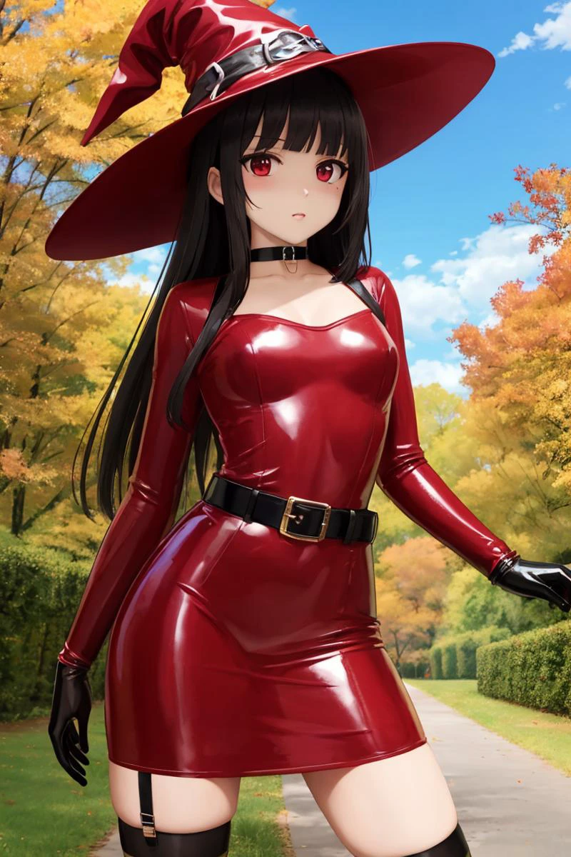 illustration, 1girl wearing latex dress, mature female, 20-year-old, cowboy shot,
tall female, tally, red eyes, black hair, long hair, long bangs,
high heel boots, (latex:1.2), latex gloves, long sleeves, (red latex dress:1.2), latex skirt, black latex legwear, black latex jacket, belt, thigh strap, garter straps, choker, witch hat, latex witch,
looking at viewer, outdoors, blue sky, autumn, park, tree, grass,
masterpiece, best quality, ultra detailed, high quality, perfect anatomy, solo, pose