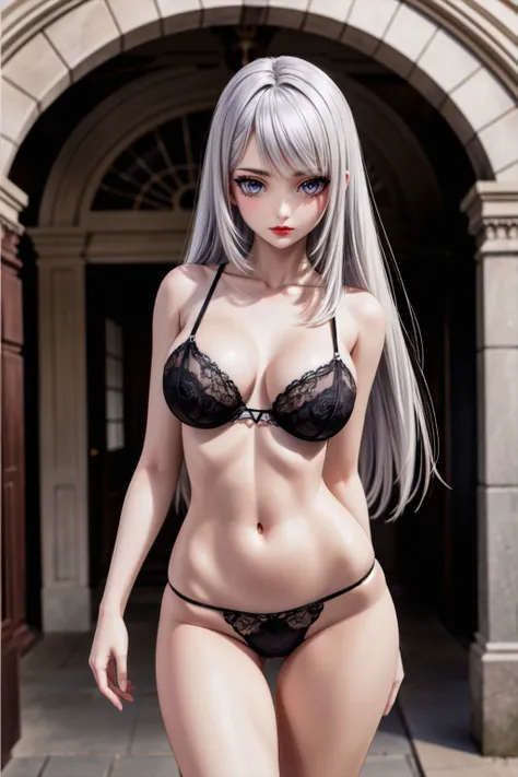 a 18 year old girl with perky breasts, narrow waist, black highleg panties and black micro-bra, very long hair, silver eyes, starry print hair, makeup, oiled skin, shiny skin, red lips, jewelry, thigh gap, 8k, detailed and intricate, super detailed, ((standing straight-on:1.2) in front of a college entrance), SkinHairDetail, SkinDetail, EyeDetail, realistic skin texture, detailed background, beautiful and detailed artwork, SkinHairDetail, SkinDetail, EyeDetail <lora:add_detail:1> <lora:thicc_v2.3:1.2>