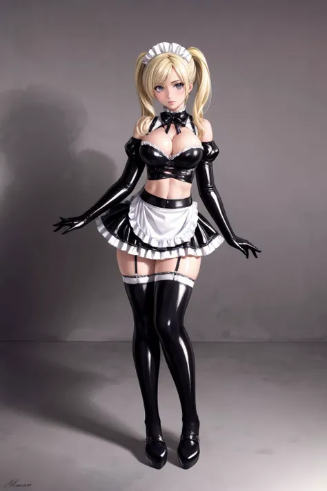 dirt road, 1girl, (maid:1.2), latex, tesomu, bare shoulders, breasts, yellow hair, long gray hair, twin ponytails, gray eyes, maid dress, midriff, frilled dress, thighhighs, gloves, long hair, looking at viewer, medium breasts, standing, full body, close-up, standing straight-on, realistic skin texture, detailed background, beautiful and detailed artwork, <lora:add_detail:1> <lora:tesomu-7-epoch-color:0.8> <lora:GoodHands-beta2:1>