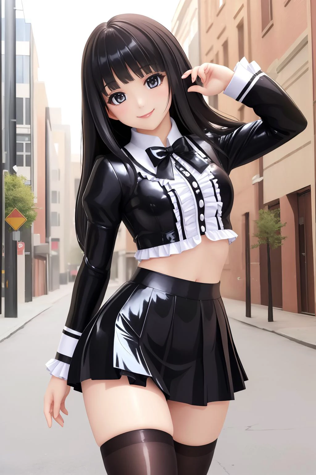 highres, masterpiece, perfect ligthing, bloom, cinematic lighting, adult, perfect skin, female, looking at viewer, street, Glamour Shot, (RSEEmma:1.5),<lora:RSERomantic_RSESofiko_RSEEmma-v1:0.3>, (shiny black latex tight school uniform and latex skirt with sissy frills:1.3), parted bangs, (black hair), very long hair, long hair, smile
