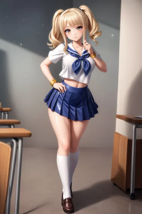 masterpiece, fullbody, standing, wide angle, (Amazing Glittering effect), (school girl gyaru, white latex school uniform:1.2), huge hips, (Shiny skin), (Amazing Glittering effect), global illumination, canon eos 5d mark!c, sigma DG HSM Art, 85mm f1.4, (beautiful body:1.1), (detailed sharpness:1.3), glistening clothes, <lora:flat2:-1>,  <lora:hairdetailer:0.5>,