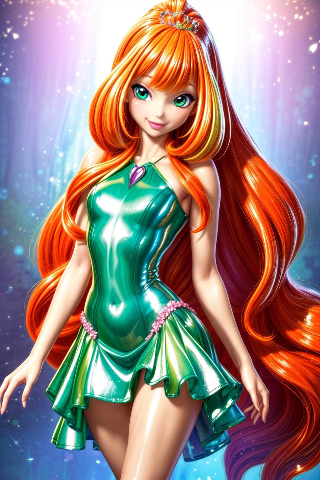 ((best quality)), ((masterpiece)), (realistic, photo-realistic:1.37), DSLR photo, DLSR, Real photo, cowboy shot, (RAW 8k photo) of (bloom (winx club):1), <lora:Bloomv1:0.5>, very long hair, smile, looking at viewer, (shiny green latex sissy princess dress:1.3), very long orange hair, smile, <lora:flat2:-1>, <lora:hairdetailer:0.5>, <lora:deluster2:-1>