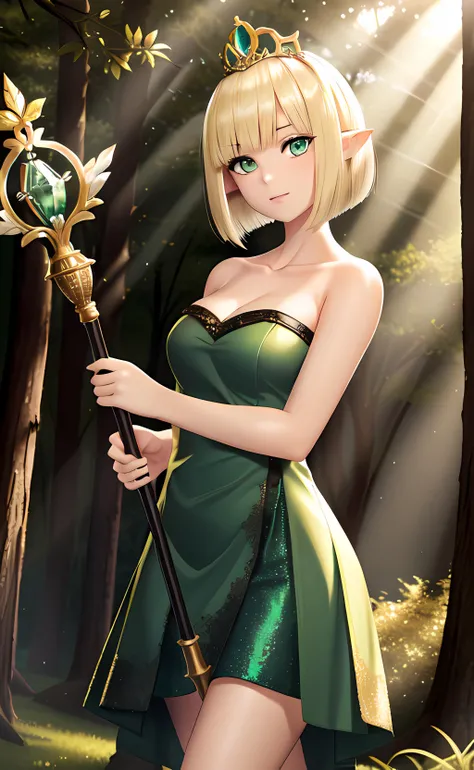 1girl, cowboy shot, standing, short hair, bob cut, blonde hair, green eyes, pointy ears, tiara, green dress, strapless dress, (staff, holding staff:1.3), collarbone, bare shoulders, bare arms, shiny skin, nature, forest, golden hour lighting, sunlight