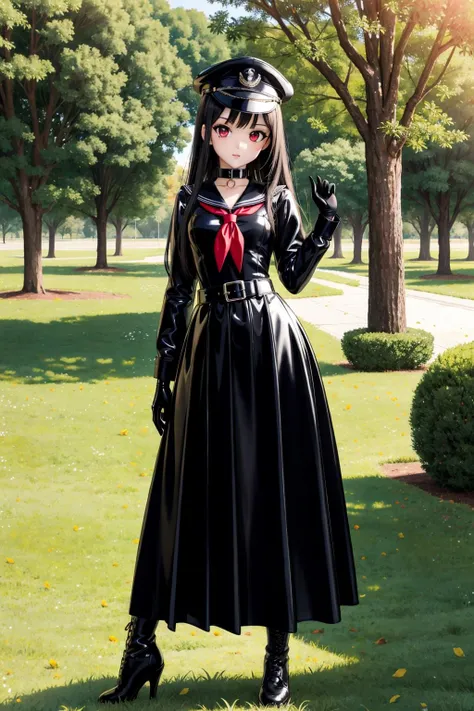 absurdres, masterpiece, best quality, ultra detailed, high quality, illustration, beautiful detailed girl, extremely detailed eyes and face, beautiful detailed nose, beautiful detailed eyes, perfect anatomy, soft light,
shiny sissy luxury latex dress for doll, latex, latex black serafuku, black sailor collar, long sleeves, (((latex long skirt))), latex pleated skirt, long hair, straight hair, red eyes, black hair, high heel boots, black pantyhose, black latex gloves, peaked cap, collar, belt
((full body)), outdoors, grass, tree, park, standing, sunlight