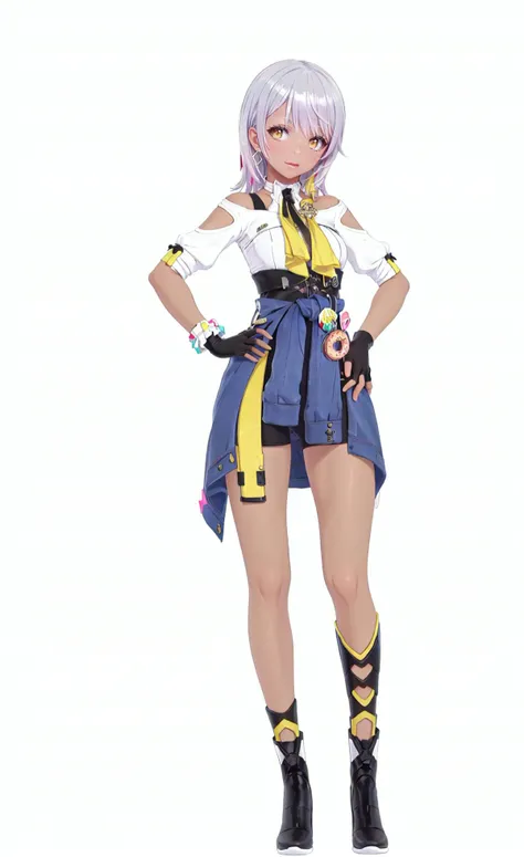 8k, best quality, masterpiece, (ultra-detailed), (high detailed skin), (white background:1.5),
(full body:1.2), (white background), standing, looking at viewer, (solo), hands on hips,
<lora:Carol-v100-000019:0.8>, Carol, def clothes, 1girl, gloves, fingerless gloves, dark-skinned female, dark skin, black gloves, clothes around waist, yellow eyes, black footwear, grey hair,
(beautiful_face), ((intricate_detail)), clear face,
((finely_detailed)), fine_fabric_emphasis,
((glossy)), full_shot,
