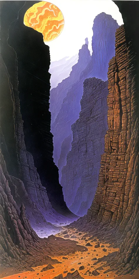 ASCIImethurlant, <lora:methurlant:0.8>, a rft17 is moving in a gigantic canyon surrounded by dead titans, war zone, explosions, artillery, ominous skies, monsters the size of a planet, <lora:rft17_v1:0.5>, surreal, gritty, atmospheric, cinematic, stylized, contrast, comic, eerie, epic, artwork, drawing, comics, illustration, Clear sky, Greek, Shadows,Tarot cards,Fractured landscapes, Abyss,Lurid, (Saturation:1.1), (Shape:1.1), (Grattage:1.1), (Ultraviolet:1.2), Parchment, Rectangle, ultra detailed, intricate, oil on canvas, dry brush, (surrealism:1.1), (disturbing:1.1), vivid colors