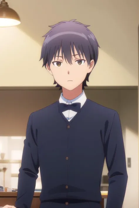 daisukehigashida, <lora:daisuke higashida s1-lora-nochekaiser:1>,
daisuke higashida, black hair, (brown eyes:1.3), male focus,
BREAK shirt, bow, pants, bowtie, black bow, waiter,
BREAK indoors, restaurant,
BREAK looking at viewer, (cowboy shot:1.5),
BREAK <lyco:GoodHands-beta2:1>, (masterpiece:1.2), best quality, high resolution, unity 8k wallpaper, (illustration:0.8), (beautiful detailed eyes:1.6), extremely detailed face, perfect lighting, extremely detailed CG, (perfect hands, perfect anatomy),