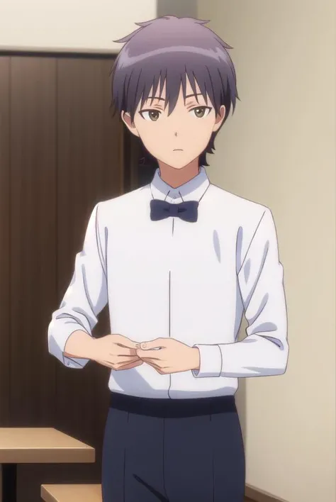 daisukehigashida, <lora:daisuke higashida s1-lora-nochekaiser:1>,
daisuke higashida, black hair, (brown eyes:1.3), male focus,
BREAK shirt, bow, pants, bowtie, black bow, waiter,
BREAK indoors, restaurant,
BREAK looking at viewer, (cowboy shot:1.5),
BREAK <lyco:GoodHands-beta2:1>, (masterpiece:1.2), best quality, high resolution, unity 8k wallpaper, (illustration:0.8), (beautiful detailed eyes:1.6), extremely detailed face, perfect lighting, extremely detailed CG, (perfect hands, perfect anatomy),