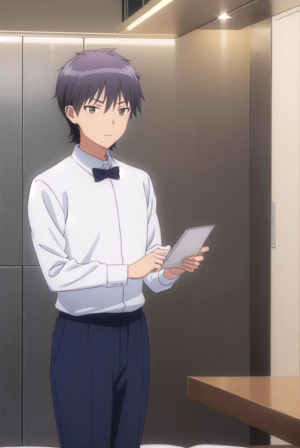 daisukehigashida, <lora:daisuke higashida s1-lora-nochekaiser:1>,
daisuke higashida, black hair, (brown eyes:1.3), male focus,
BREAK shirt, bow, pants, bowtie, black bow, waiter,
BREAK indoors, restaurant,
BREAK looking at viewer, (cowboy shot:1.5),
BREAK <lyco:GoodHands-beta2:1>, (masterpiece:1.2), best quality, high resolution, unity 8k wallpaper, (illustration:0.8), (beautiful detailed eyes:1.6), extremely detailed face, perfect lighting, extremely detailed CG, (perfect hands, perfect anatomy),