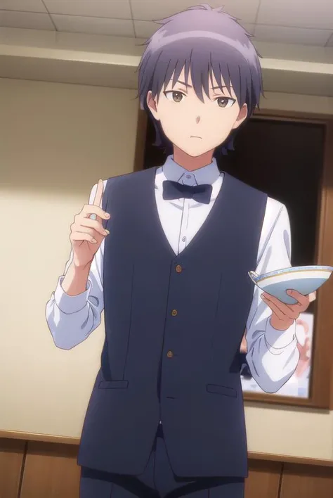 daisukehigashida, <lora:daisuke higashida s1-lora-nochekaiser:1>,
daisuke higashida, black hair, (brown eyes:1.3), male focus,
BREAK shirt, bow, pants, bowtie, black bow, waiter,
BREAK indoors, restaurant,
BREAK looking at viewer, (cowboy shot:1.5),
BREAK <lyco:GoodHands-beta2:1>, (masterpiece:1.2), best quality, high resolution, unity 8k wallpaper, (illustration:0.8), (beautiful detailed eyes:1.6), extremely detailed face, perfect lighting, extremely detailed CG, (perfect hands, perfect anatomy),
