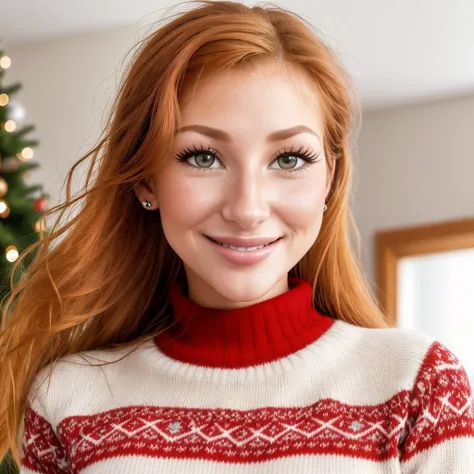 a closeup of S321_KaterinaSoria smiling, wearing a Christmas sweater