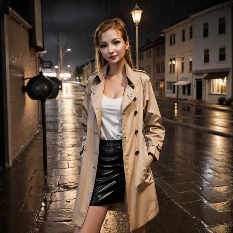 full body shot of S321_KaterinaSoria wearing a trenchcoat in the rain, in a street at night, streetlight