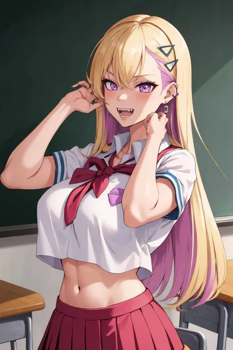 EriKaran, 1girl, solo, yellow scrunchie, bangs, large breast, blush, lipstick, masterpiece, best quality, highly detailed, a anime girls in sailor uniforms with a gun posing for a picture,
evil smile, smile, open mouth,black_serafuku, ecchi anime style, anime girls , (nsfw) not safe for work,
ecchi style, ecchi, shipgirls, digital anime art!!, high school girls, holding a gun, hold a gun, anime style 4
k, micro skirt, exposed belly, exposed navel, exposed midriff,
exposed lower belly,school, classroom